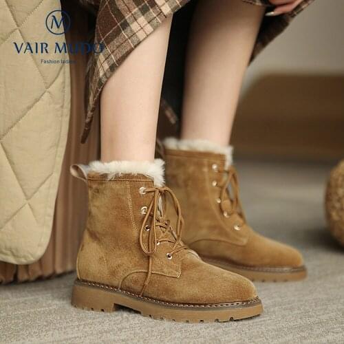 VAIR MUDO Ankle Boot Shoes Women Pigskin Solid Faux Fur Pig Suede Winter Wool Black Brown Low Heel Lace Up Sewing FootwearDX160L