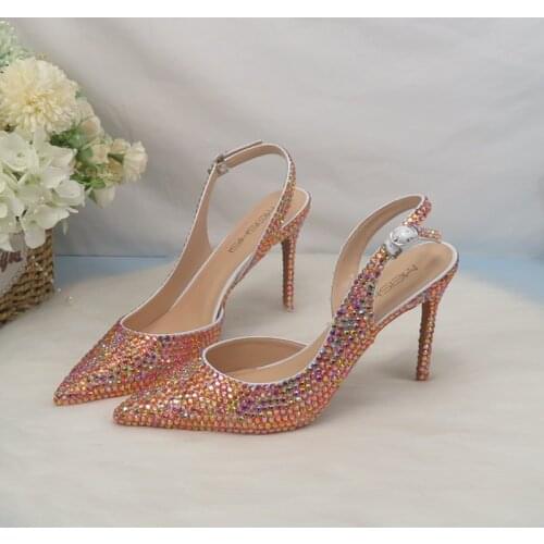 2021 New Arrival Bridal Golden Bling Pointed Toe Crystal Wedding Shoes Woman High Pumps Thin Heel Party Dress Shoes Big Size