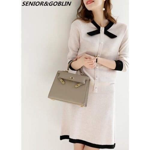 Newest 2020 High Quality Women Knitted Long Sleeve Bow Sweater Top Womens Elastic Waist Skirts Suits 2 Piece Set