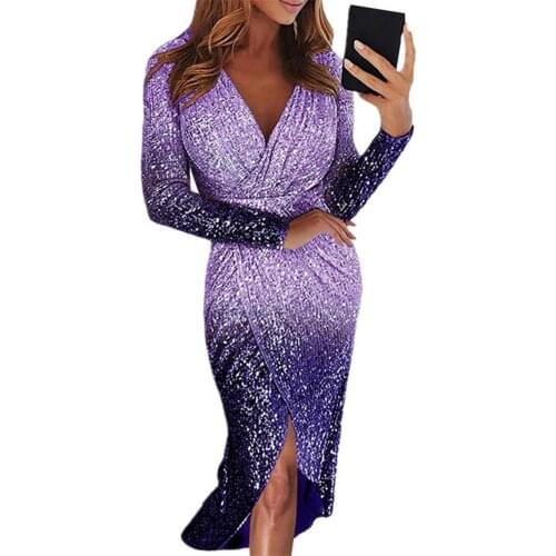 Dresses For Party Sexy Women Deep V Neck Gradient Color Front Wrapped Hem Shiny Sequins Midi Dress vestidos de fiesta de noche