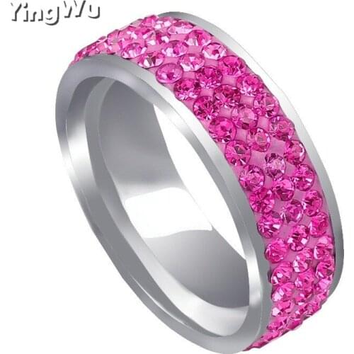 Wholesale 3 Row Lines Pink Crystal Wedding Rings For Women Fashion Rhinestone Stainless Steel Female Jewelry mujer 10pcs Lot