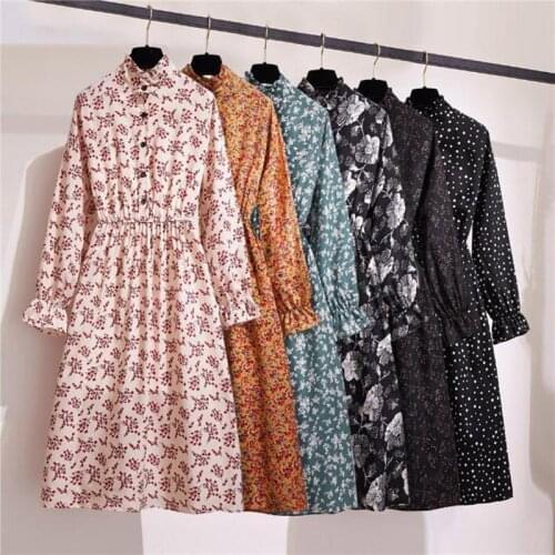2020 New Casual Autumn Winter Dress Women Korean Vintage Floral Printed Chiffon Shirt Dress Long Sleeve Pleated Long Dress 1323