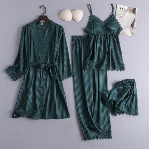4PCS Womens Sleep Suit Sexy Satin Lace Pajamas Sets Spring Nighty Sleepwear Home Wear Pyjamas Casual With Chest Pads Nightgown