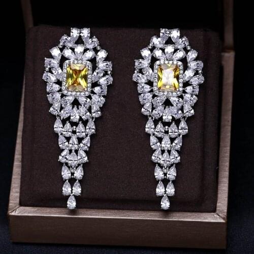 A311Y Clear and Yellow Dangles Long Earrings for Women Wedding Trendy Earrings Water Drop Zircon Party Gift