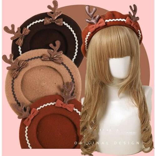Lolita Girls Cute Deer Antlers Style Beret Women Warm Soft Beanie Hat