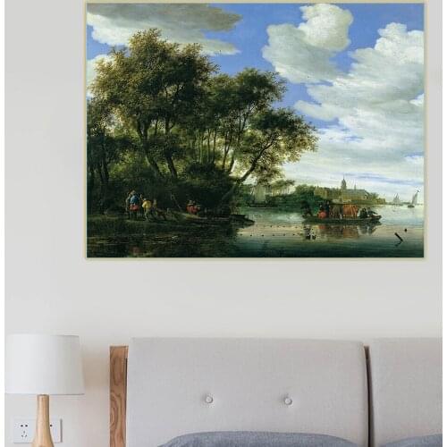 Citon Jacob van Ruisdael《Ferry boat with cattle on the River Vecht near Nijenrode》Canvas Oil Painting Picture Home Decoration