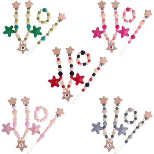 Wooden Teether Baby Play Gym Pacifier Clip Chain Silicone Beads Dummy Clip Baby Teether Stroller Toys Pram Clip Bell