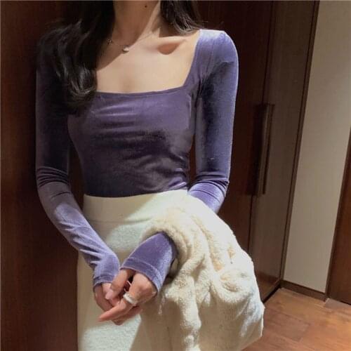 Elegance Purple Velvet Tshirt Women Vintage Square-cut Collar Long Sleeve T Shirt Korean Fashion Slim Tee Shirt Vintageshirts