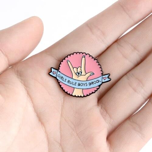 Rock i love you gesture Pink round lace Blue banner says "GIRLS RULE BOYS DROOL" Enamel brooch Feminism Creative badge
