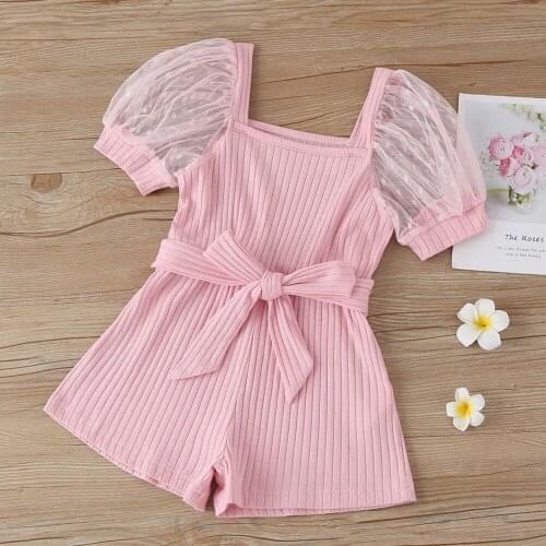 Citgeett Summer Kids Baby Girls Pink Solid Ribbed Romper Short Puff Sleeve Square Collar Jumpsuit Waistband Clothes