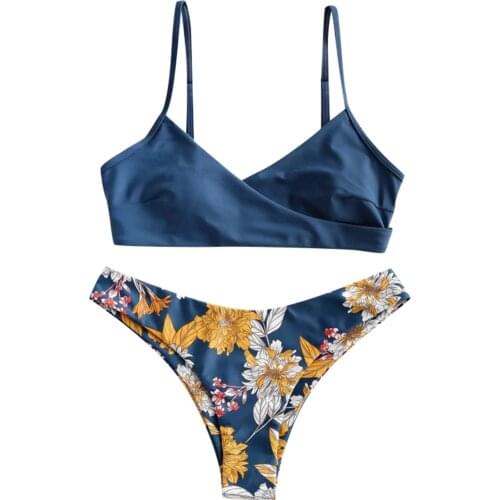 Two Piece Flower Print High Cut V Neck Bikini Swimwear Two Pieces Swimsuit Beachwear Bathing Suit Sexy Bikini Set Female Biquini