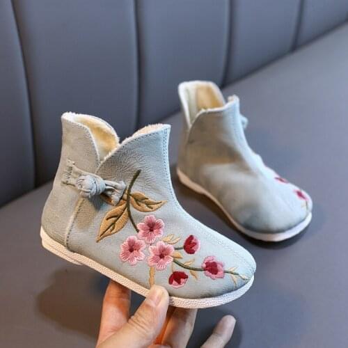 Girls' Embroidered Short Boots Soft Soles Cotton Breathable Boots Children Cloth Shoes Autumn/Winter Chinese Style Kids Shoes