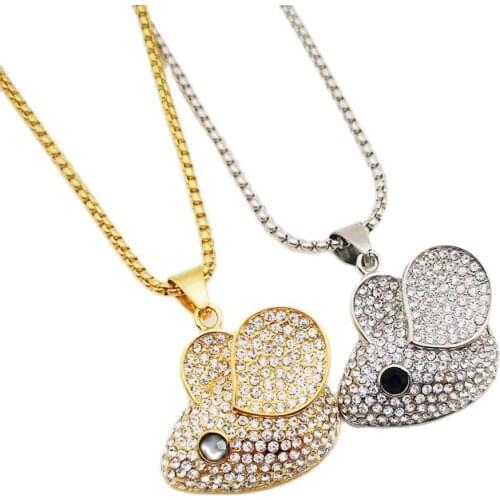 Iced Out Bling Bling Full White Rhinestones Animal Rat Pendant Necklace Men Women Cute Big Ears Mouse Necklace Jewelry Fashion
