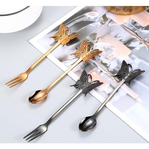 Coffee Stirring Spoon Stainless Steel Coffee Spoon Creative Butterfly Fruit Fork Household Hanging Cup Spoon Dessert Cake Fork