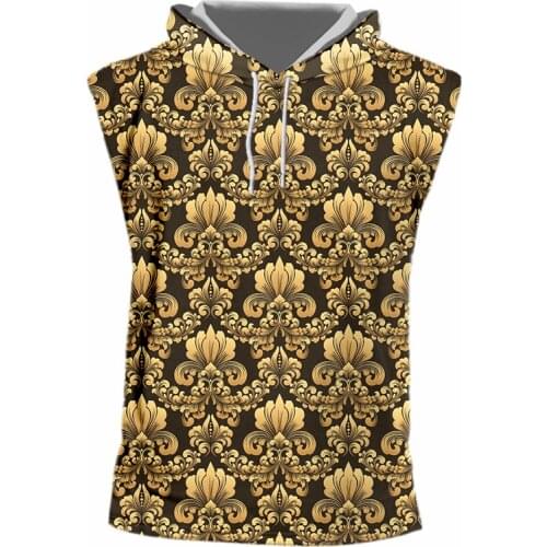 EU/US Size Baroque Hooded Tank Top Men 3d Printed Royal Golden Pattern Luxury Sleeveless Fitness Shirt Men Women Plus Size 6XL