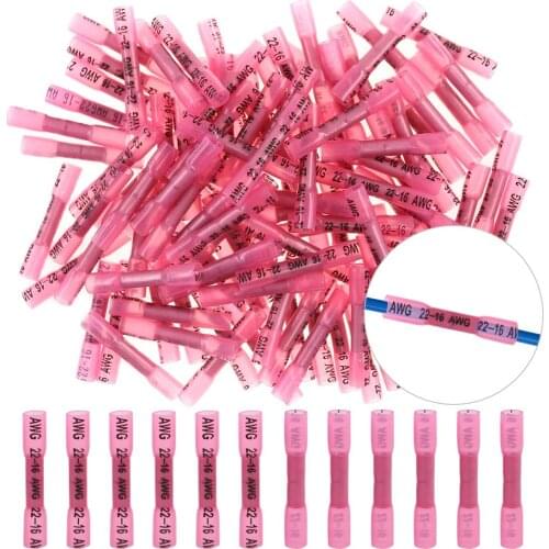 50Pcs Nylon Insulated Heat Shrink Butt Terminal Electrical Wire Crimp Connectors (Red / 22-16AWG)