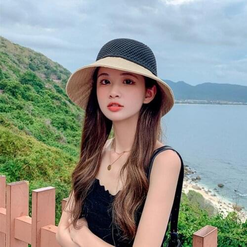 Women Cotton Bucket Hats Summer Foldable Sunscreen Panama Hat Solid Color Hip Hop Wide Brim Beach UV Protection Fisherman Hat