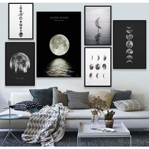Minimalist Full Moon Poster Art Black White Moon Phases Prints Solar System Canvas Picture Painting Decoration for Living Room