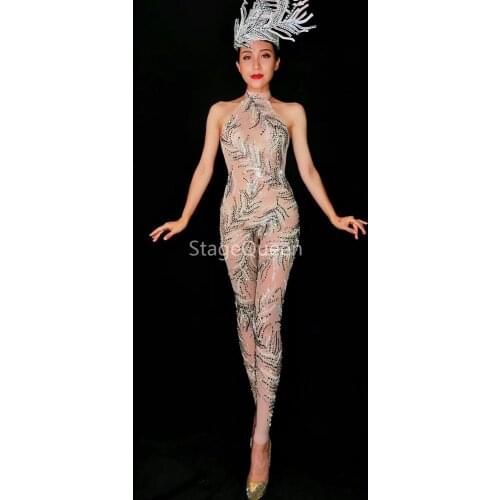 Sexy Rhinestones Pattern See Through Jumpsuit One-Piece Outfit Female Singer Bodysuit Bar Nightclub Party Sexy Mesh Jumpsuit