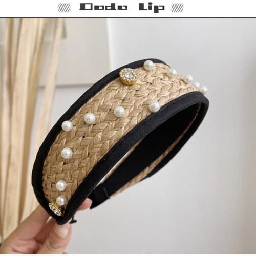 Wide Straw weaving hair bands with pear rhinestone diadema headbands for hair women rim on the head fashion turban Korean bezel