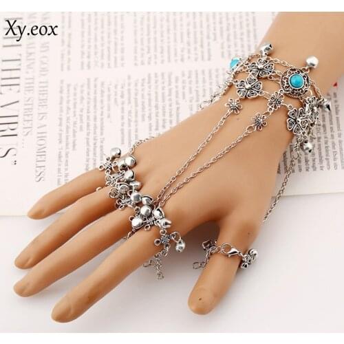 Vintage Turquoise Bells Link Chain Finger Bracelet Multilayer Tassel Bangle