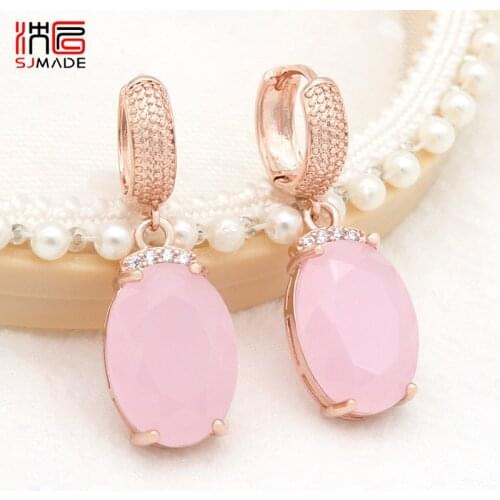 SJMADE 2020 Fashion Temperament Oval Large Pink Opal Dangle Earrings 585 Rose Gold Zirconia Eardrop For Women Wedding Jewelry