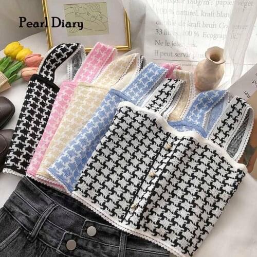 Pearl Diary Women Knitting Houndstooth Strappy Tops Summer Square Neck Buttons Front Vintage Retro Plaid Tops Holiday Style Top