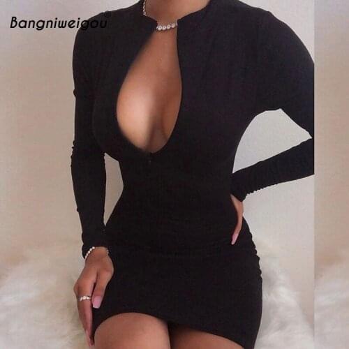 Bangniweigou Casual Black Dress Women V Neck Long Sleeve Fall Winter Fleece Warm Mini Dress Party Clubwear