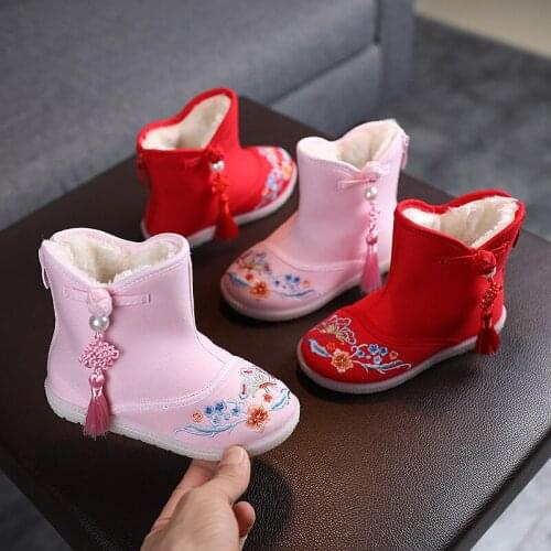 Winter Kids Girls Boots Cloth Shoes with Flower Autumn Children Embroidered Boots Plush Velvet Snow Boots Chinese Style Shoes