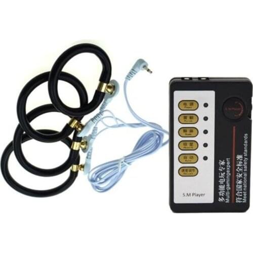 4pcs Set Penis Rings Electric Shock Host and Cable Electro Shock Stimulation Chastity Rings Silicone Male Therapy Device SM