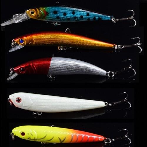 Mixed 5pcs/lot Popper Fishing Lure Wobbler VIB Pencil Hard Plastic Artificial Surface Pencil Minnow with 3D Eyes