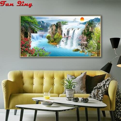 5d diy Diamond painting mountains and rivers waterfall sunrise cross stitch square round diamond embroidery natural landscape