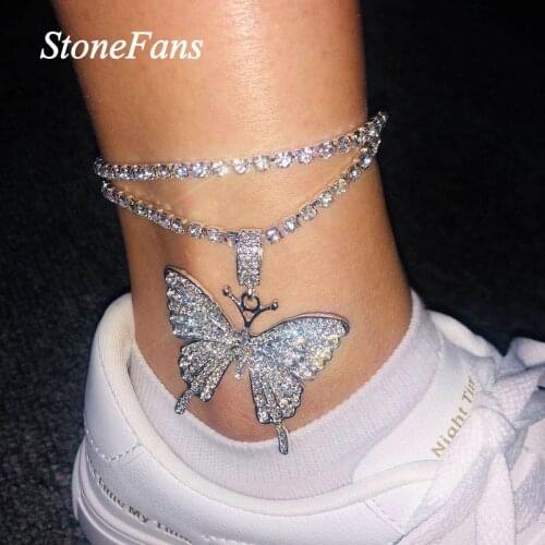 Stonefans Bling Tennis Chain Big Butterfly Anklet Rhinestone for Women Fashion Butterfly Pendant Anklet Foot Chain Jewelry