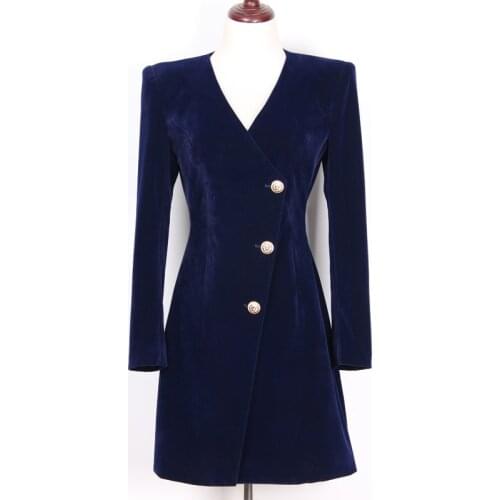 Color New fashion solid V Neck long sleeve metal button warm velvet slim dress