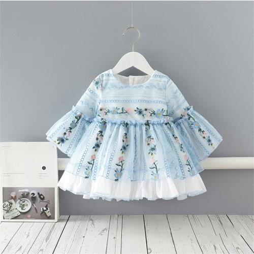 Childrens spring and autumn new style light blue floral dress cute embroidered long-sleeved princess dress