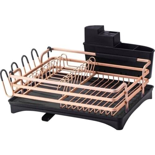 E8BD Aluminum Dish Drying Rack with Drainboard Tray Adjustable Swivel Spout Plate Bowl Cup Drainer Shelf Removable Cutlery Knife