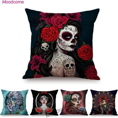 Funky Floral Skull Fairy Tale Princess Home Decorative Cotton Linen Sofa Throw Pillow Cover Fashion Girl Scary Art Cushion Cover
