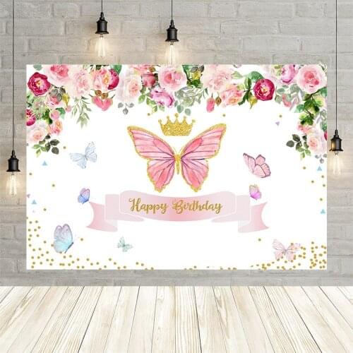 Butterfly Backdrops For Photography Spring Pink Flowers Gold Crown Princess Birthday Party Photophone Background Photo Studio