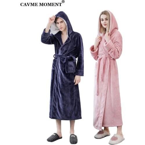 CAVME 2019 CUSTOM Letters Winter Long Robe Women Hooded Flannel Robes Long Kimono PLUS SIZE Thicken Bathrobe Solid Sleepwear