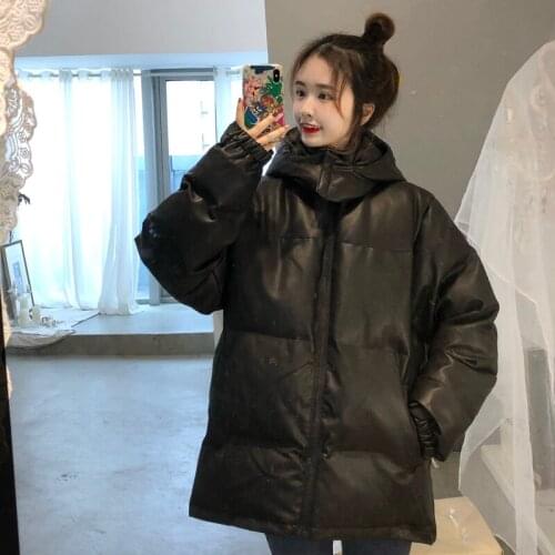 Cotton Womens Fashion Warm Long Winter Coat Korean Pocket Loose Hooded 2020 Trendy Bread Coat Black One Size