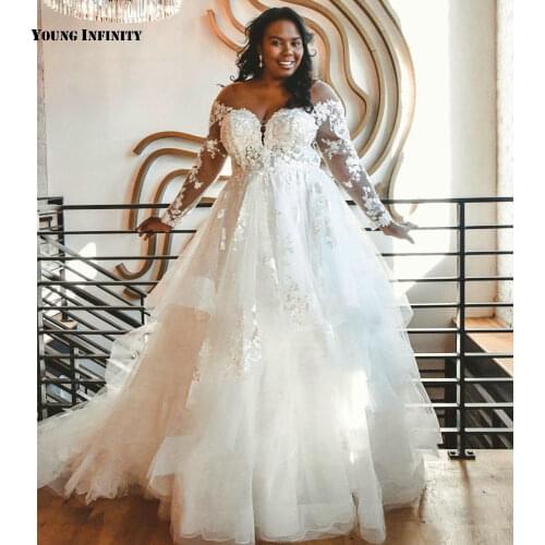 Custom Made Ball Gown Wedding Dresses 2021 Long Sleeves Bridal Gown Backless Scoop Chapel Train Applique White Plus Size Bride
