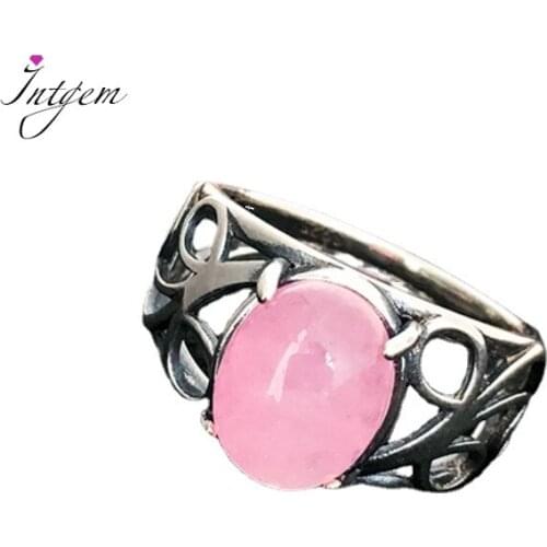 925 Silver Pink Jade Gemstone Ring Mainstone 8*10mm Vintage Style Punk Ring Female Engagement Wedding Party Jewelry Fine Jewelry