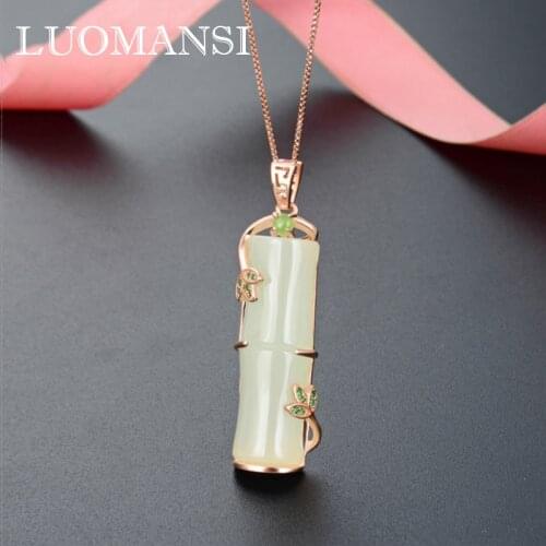 Luomansi Vintage 100% Natural Hetian Jade Pendant Necklace 100% S925 Sterling Silver White Jade Bamboo Necklace Jewelry
