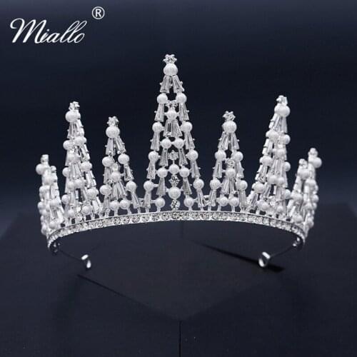 Miallo Bridal Wedding Accessories Pearl Hair Crown for Women Hair Jewelry Crystal Silver Color Tiaras and Crowns Headpiece GIftS