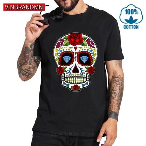 Diamonds Flower Sugar Skull With Roses T Shirt Men Halloween Skull Mexico Tshirt Round Neck Cotton 3D Printed Geek Tee Oversized