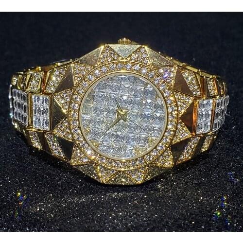 Hip Hop MISSFOX Mens Watches Lab Diamond 18K Gold Top Luxury Brand Quartz Wristwatches Steel Watch For Men Jewelry