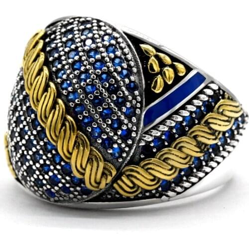 Blue Zircon925 Sterling Silver Men Ring Pave Setting CZ Stone Vintage Male Ring Turkish Exquisite Luxury Jewelry Gift