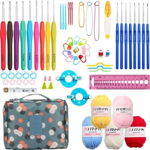 Crochet Hook Needle Set 8Pcs Blue Handle Crochet 9 Pcs Ergonomic Crochet Hooks for Knitting with a Sewing Bag