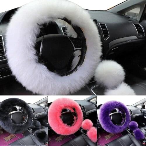 New Universal Soft Warm Long Wool Fuzzy Steering Wheel Cover Woolen Handbrake Car Accessory Sheep Fur Plush Protector Cover Kit