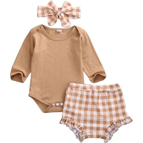 Toddler Girl Clothes 3Pcs Newborn Baby Boy Girl Bodysuit Jumpsuit Plaid Shorts Pants 3pcs Clothes Outfit Set Size 0-24M